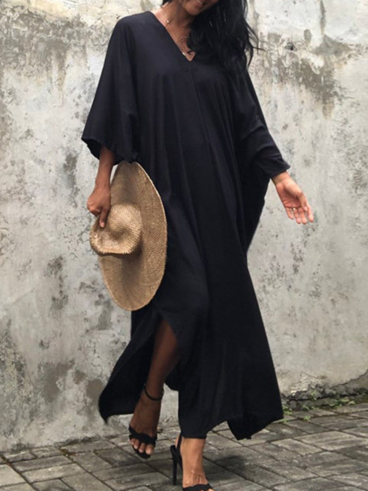 Womens V Neck Long Sleeve Solid Pattern Kaftan Maxidress