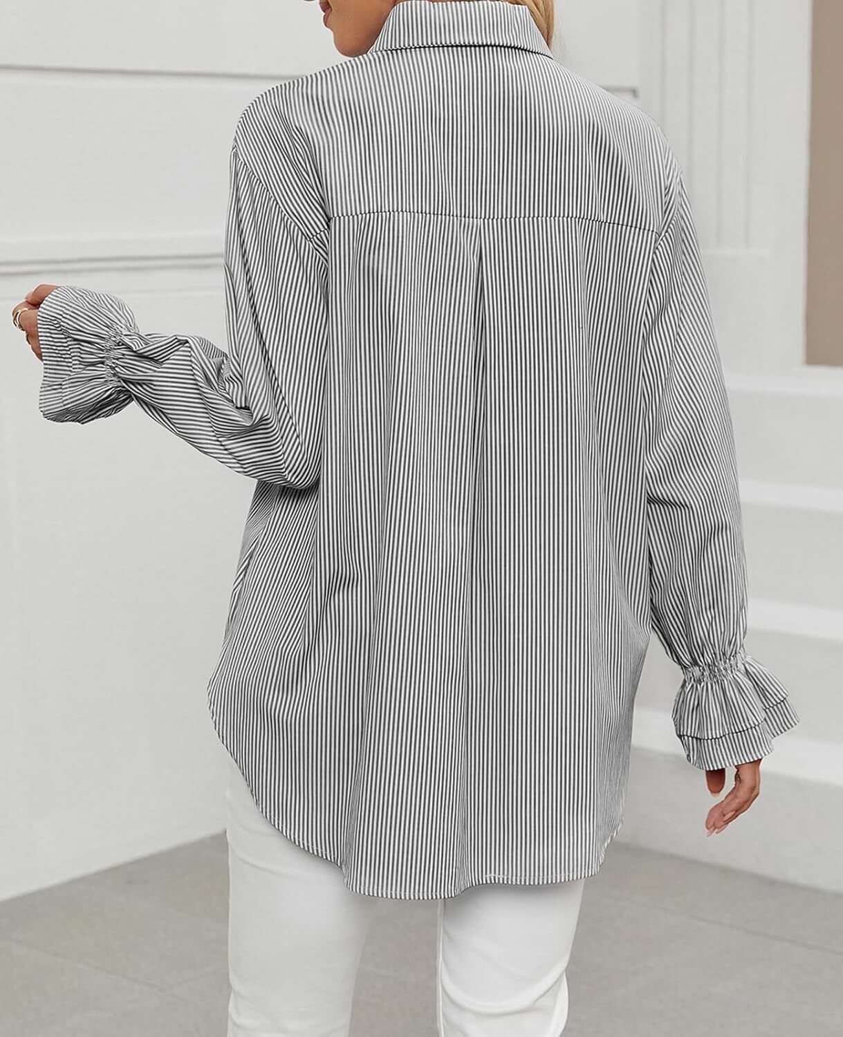Women's Striped Button Down Shirts Smocked Cuffed Boyfriend Shirt Long Sleeve Blouse Top with 3 Pockets