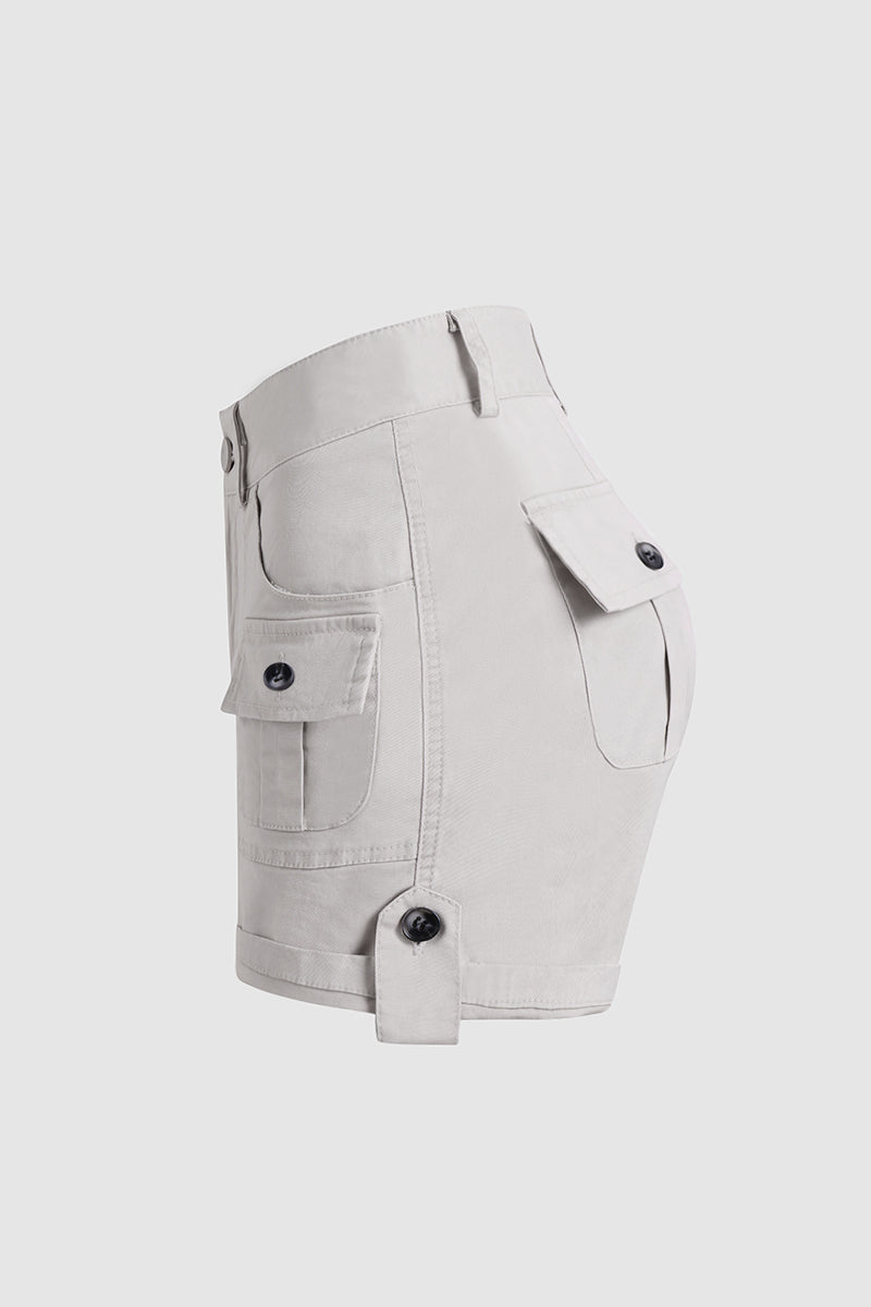 Flap Pocket Roll Tab Hem Mid Waist Shorts
