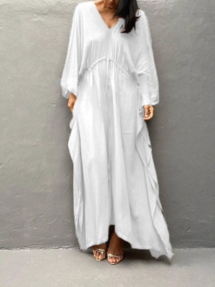 Womens V Neck Long Sleeve Solid Pattern Kaftan Maxidress