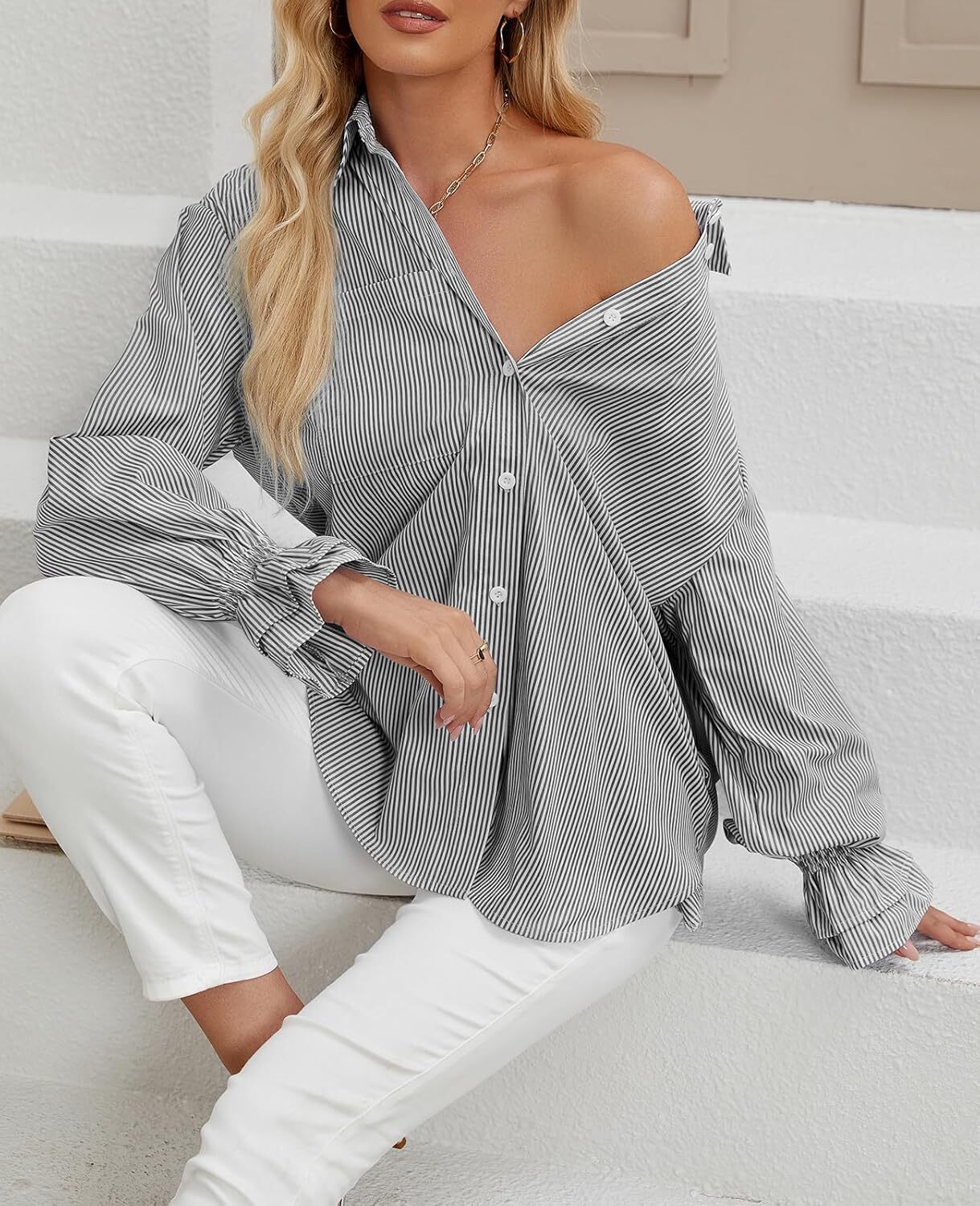 Women's Striped Button Down Shirts Smocked Cuffed Boyfriend Shirt Long Sleeve Blouse Top with 3 Pockets