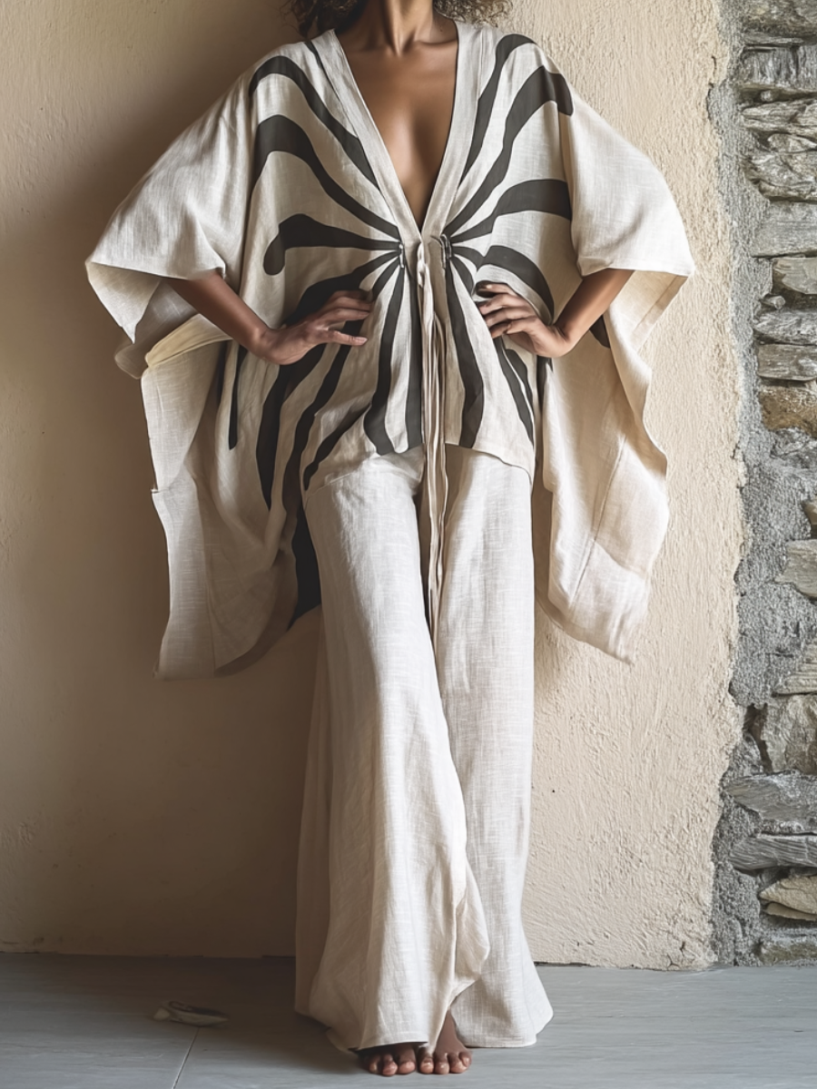 Kimono Ink Wash Linen Tie-strap Top and trousers Two Piece Set