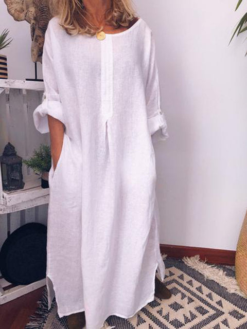 Cotton And Linen Solid Color Loose Kaftan Maxidress