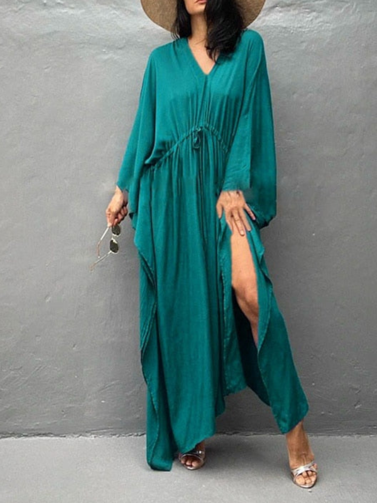 Womens V Neck Long Sleeve Solid Pattern Kaftan Maxidress