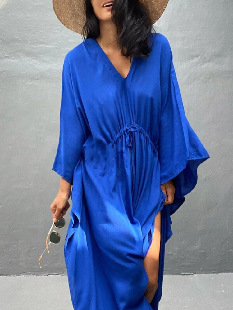 Womens V Neck Long Sleeve Solid Pattern Kaftan Maxidress