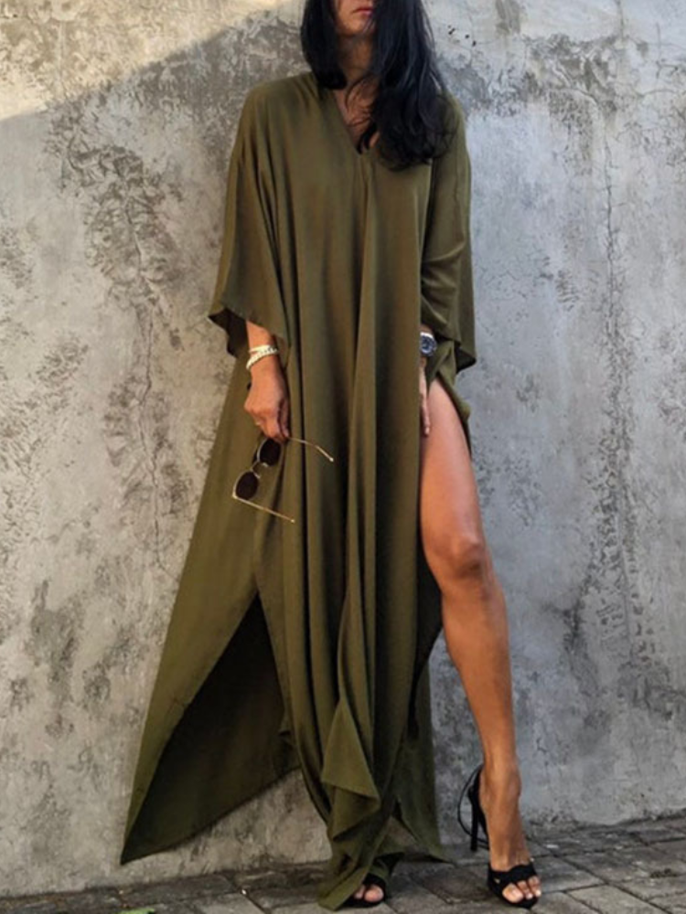 Womens V Neck Long Sleeve Solid Pattern Kaftan Maxidress