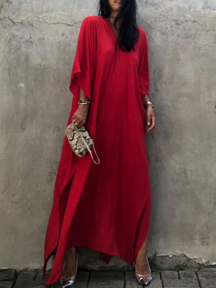 Womens V Neck Long Sleeve Solid Pattern Kaftan Maxidress