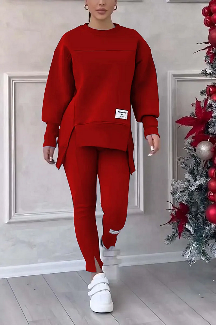 🎉Christmas Deals🎉Women's Casual Solid Color Round Neck Long Sleeve Slit Hem Sweatshirt Leggings Set