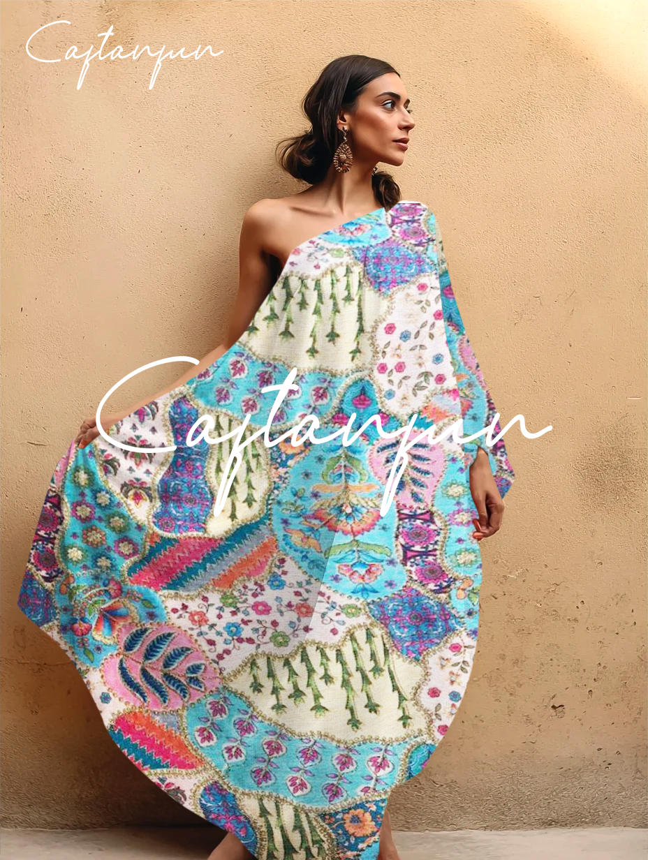 One-shoulder Abstract Flower Art Flowing Cotton And Linen Kaftan