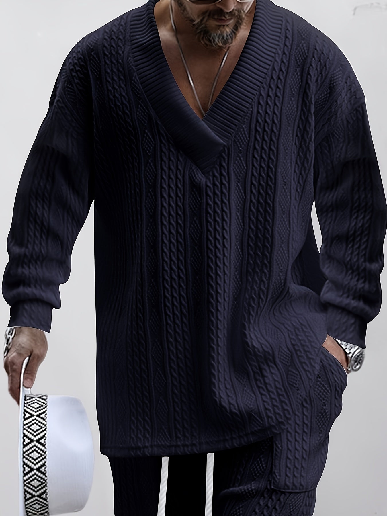 Mens V Neck Sweatshirt Jacquard Tracksuit 2 Piece Men Baggy Sweatsuit Sets Men's Jogging Tracksuit Set Outfit for Men