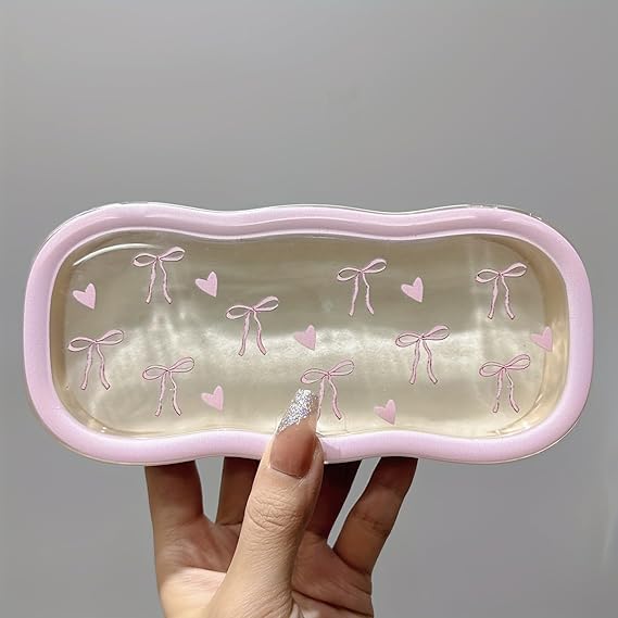 Cute Bowknot Transparent Glasses Case – Pink Edge Hard Shell Eyewear Box for Women, Stylish and Portable