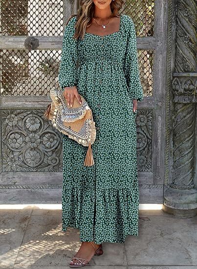🔥2025 CRAZY DEAL🔥Spring Dresses for Women 2025 Boho Floral Smocked Square Neck Long Sleeve Button Down Beach Long Maxi Dress