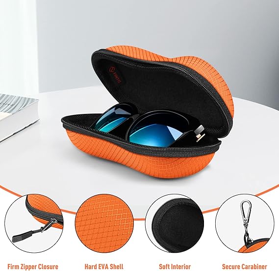 Durable Hard Shell Glasses Case – Orange Zipper Protective Eyewear Pouch for Sunglasses/Reading Glasses/Kids Glasses | Shockproof & Portable Travel Storage Box