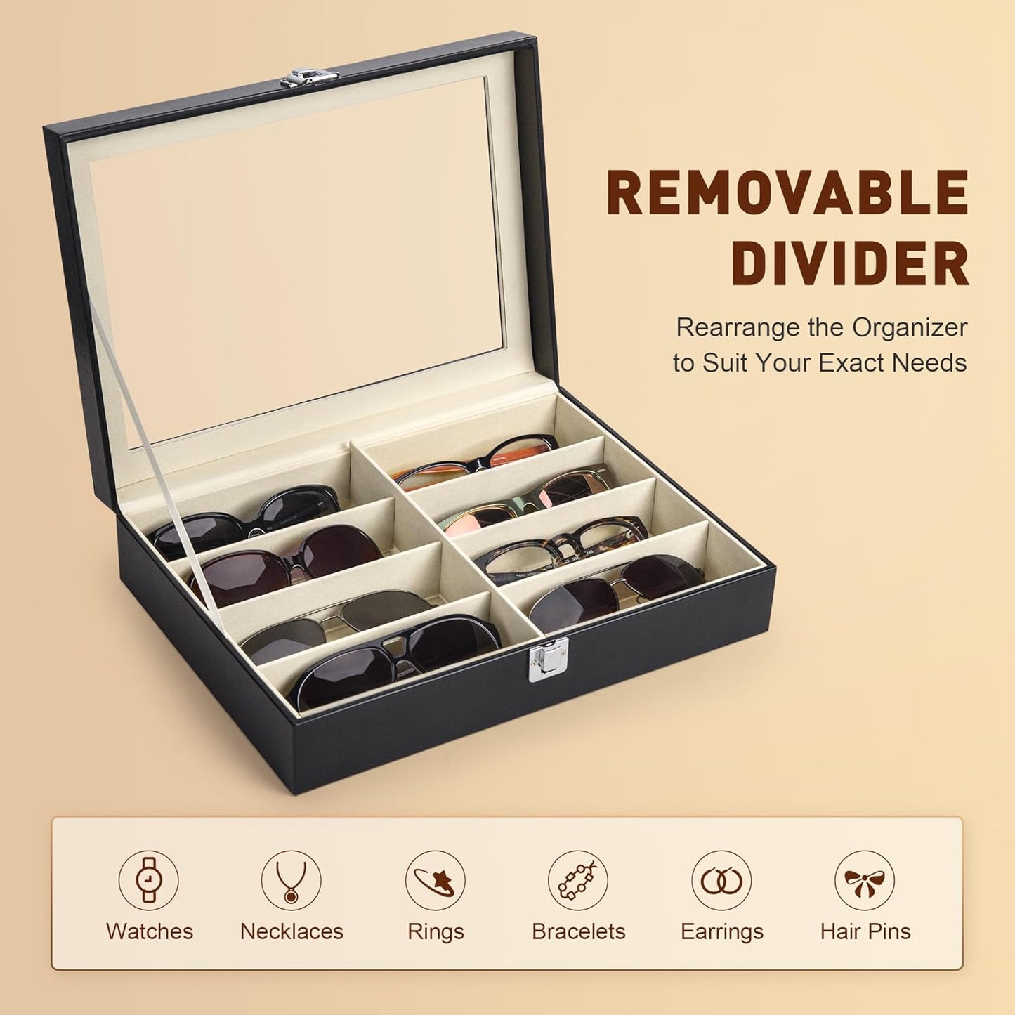 12-Slot Glass Top Eyewear Organizer – PU Leather Sunglasses Display Box with Lock, Large Capacity Storage Case