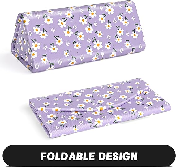 Purple Daisy Foldable Triangle Glasses Case – Magnetic Closure PU Leather Hard Shell Eyewear Box, Cute Portable Protective Case for Sunglasses or Eyeglasses