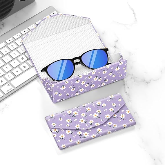 Purple Daisy Foldable Triangle Glasses Case – Magnetic Closure PU Leather Hard Shell Eyewear Box, Cute Portable Protective Case for Sunglasses or Eyeglasses