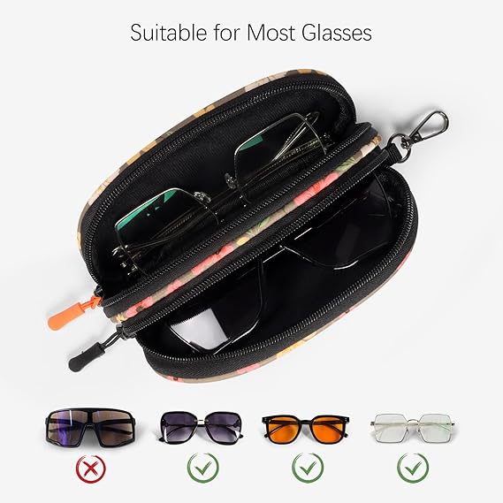 Double Zipper Floral Glasses Case – Portable Sunglasses Storage Pouch with Dual Compartments (7x3x2 inches)
