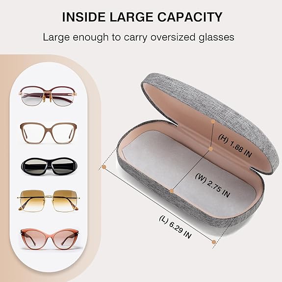 Large Capacity Glasses Case – Gray Hard Shell Fabric Eyewear Storage Box with Soft Lining, Fits Oversized Sunglasses & Eyeglasses