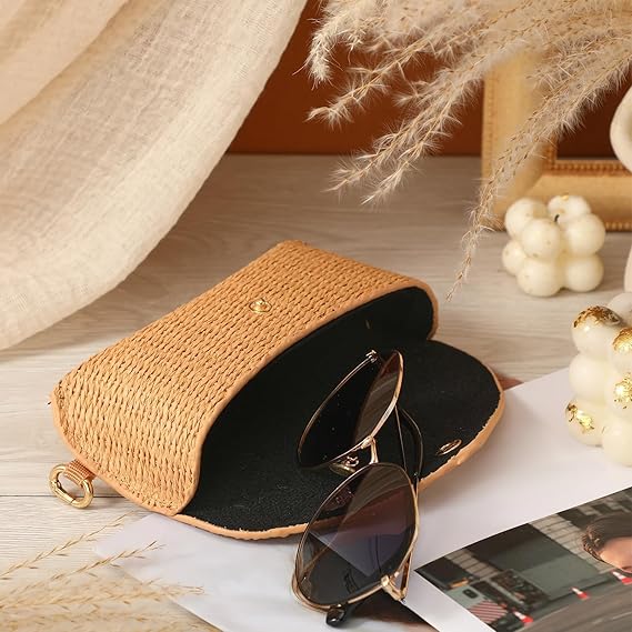 Woven Rattan-Style Glasses Case – Lightweight Portable Sunglass Pouch with Snap Button & Metal Hook, Vacation-Style Straw Eyewear Holder for Women