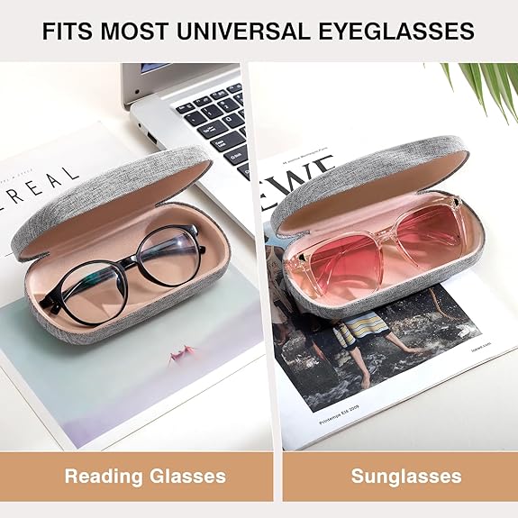 Large Capacity Glasses Case – Gray Hard Shell Fabric Eyewear Storage Box with Soft Lining, Fits Oversized Sunglasses & Eyeglasses
