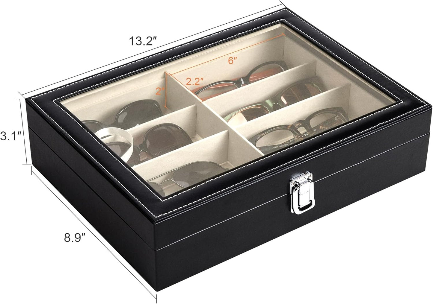 12-Slot Glass Top Eyewear Organizer – PU Leather Sunglasses Display Box with Lock, Large Capacity Storage Case