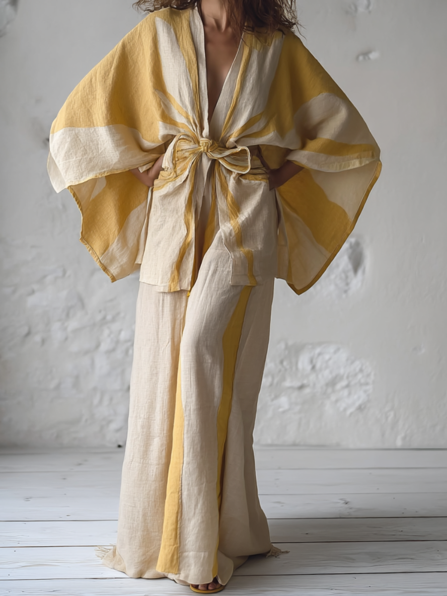 Kimono Sunrise Whisper Linen Tie-strap Top and trousers Two Piece Set