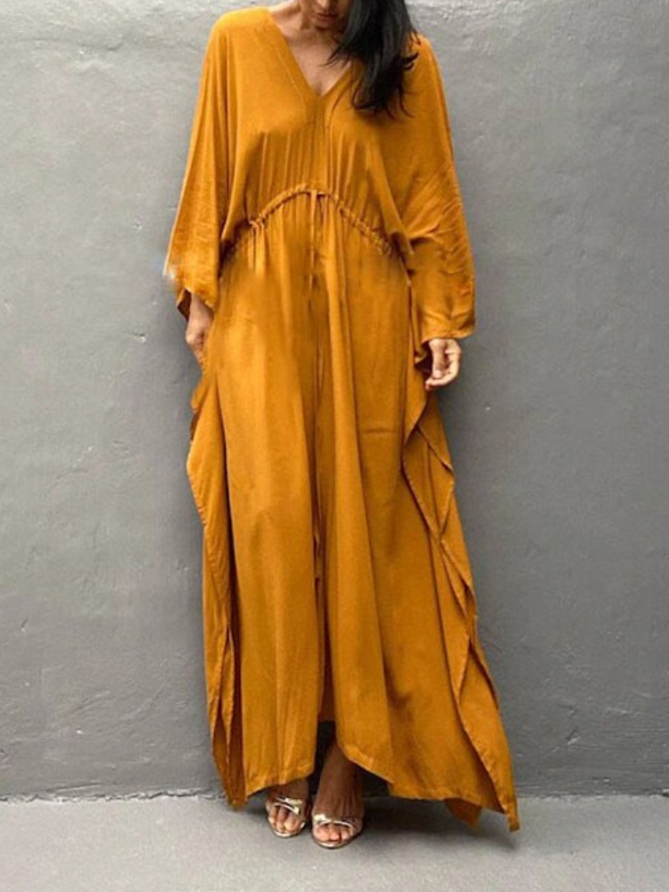 Womens V Neck Long Sleeve Solid Pattern Kaftan Maxidress