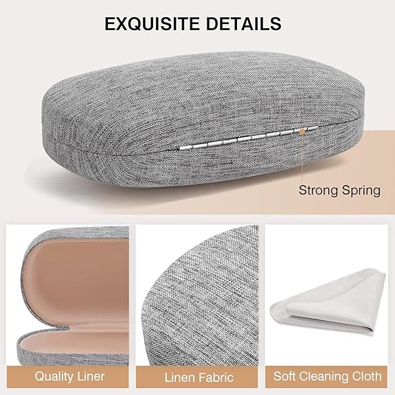 Large Capacity Glasses Case – Gray Hard Shell Fabric Eyewear Storage Box with Soft Lining, Fits Oversized Sunglasses & Eyeglasses