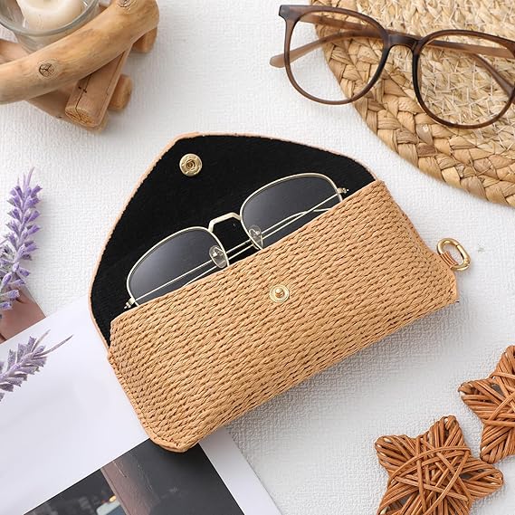 Woven Rattan-Style Glasses Case – Lightweight Portable Sunglass Pouch with Snap Button & Metal Hook, Vacation-Style Straw Eyewear Holder for Women