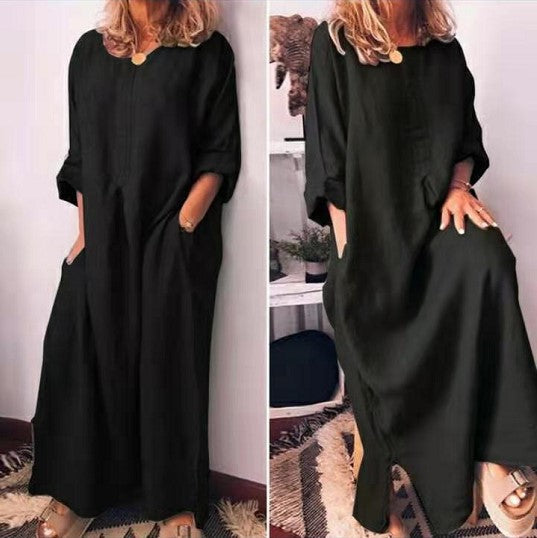 Cotton And Linen Solid Color Loose Kaftan Maxidress