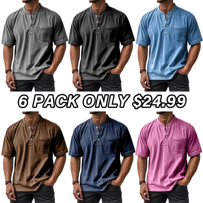 Men's Casual Solid Color Vintage Loose Pocket Short Sleeve Button-down Henley Shirt
