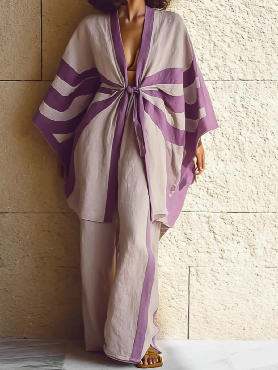 Kimono Twilight Stripe Linen Tie-strap Top and trousers Two Piece Set