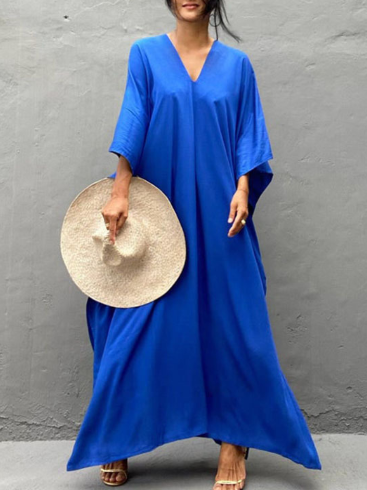 Womens V Neck Long Sleeve Solid Pattern Kaftan Maxidress