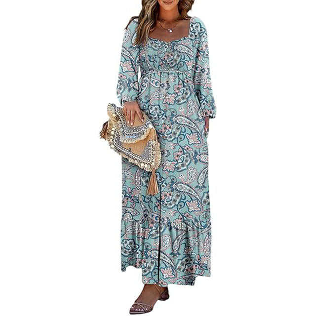 🔥2025 CRAZY DEAL🔥Spring Dresses for Women 2025 Boho Floral Smocked Square Neck Long Sleeve Button Down Beach Long Maxi Dress