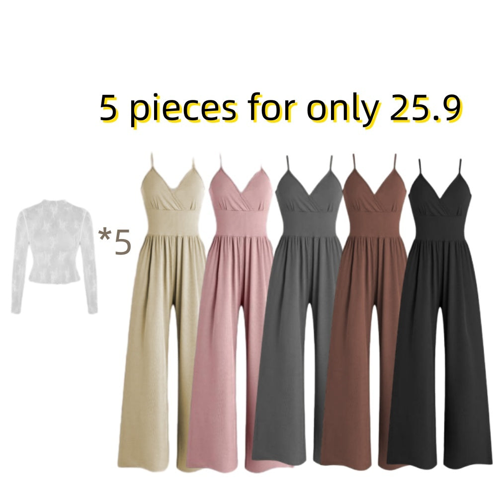 🎉Hot selling items-Women's solid color lace t-shirt and pocket jumpsuit two-piece set