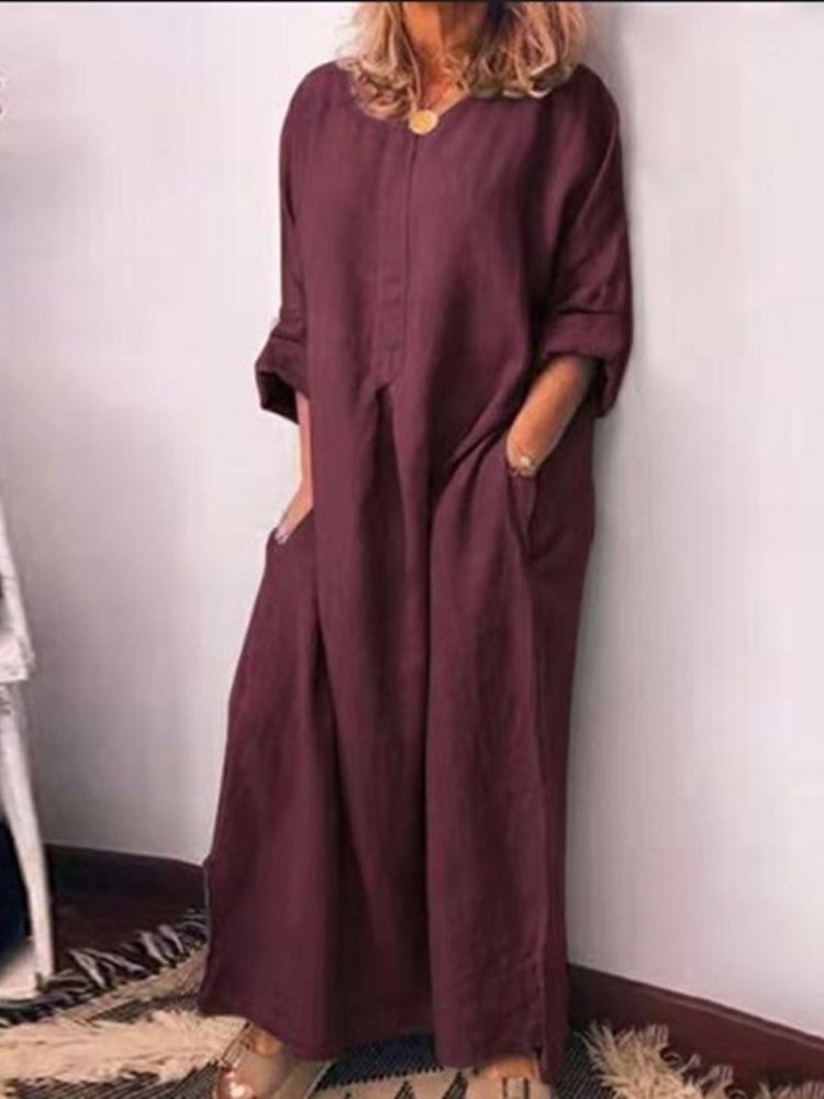 Cotton And Linen Solid Color Loose Kaftan Maxidress
