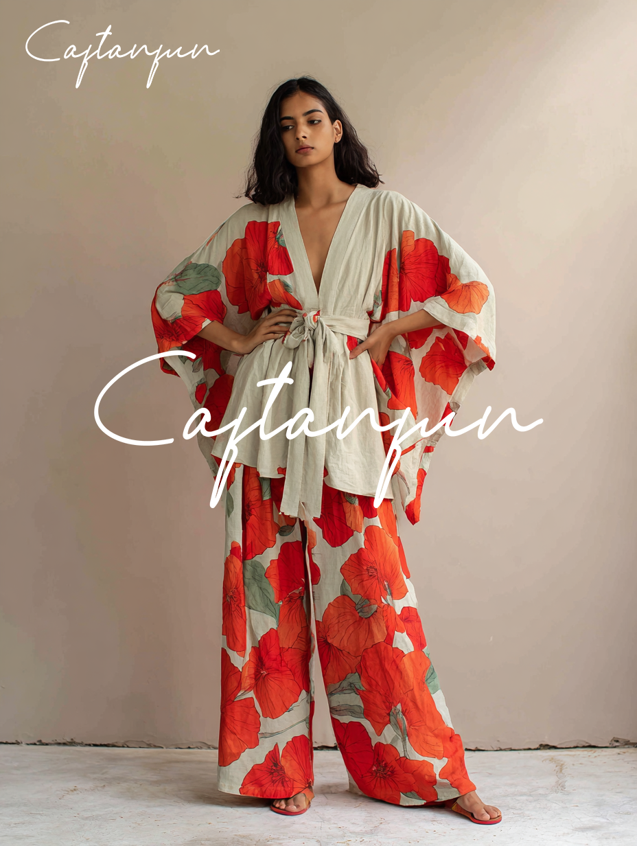 Kimono art abstract flower pattern linen lace-up coat and trousers two-piece suit