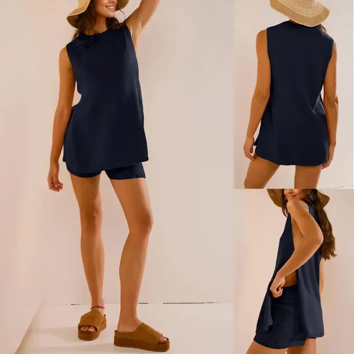 🔥Women's Summer Sweater Set Sleeveless Knit Pullover Top Matching Shorts 2 Piece Beach Vacation Outfits
