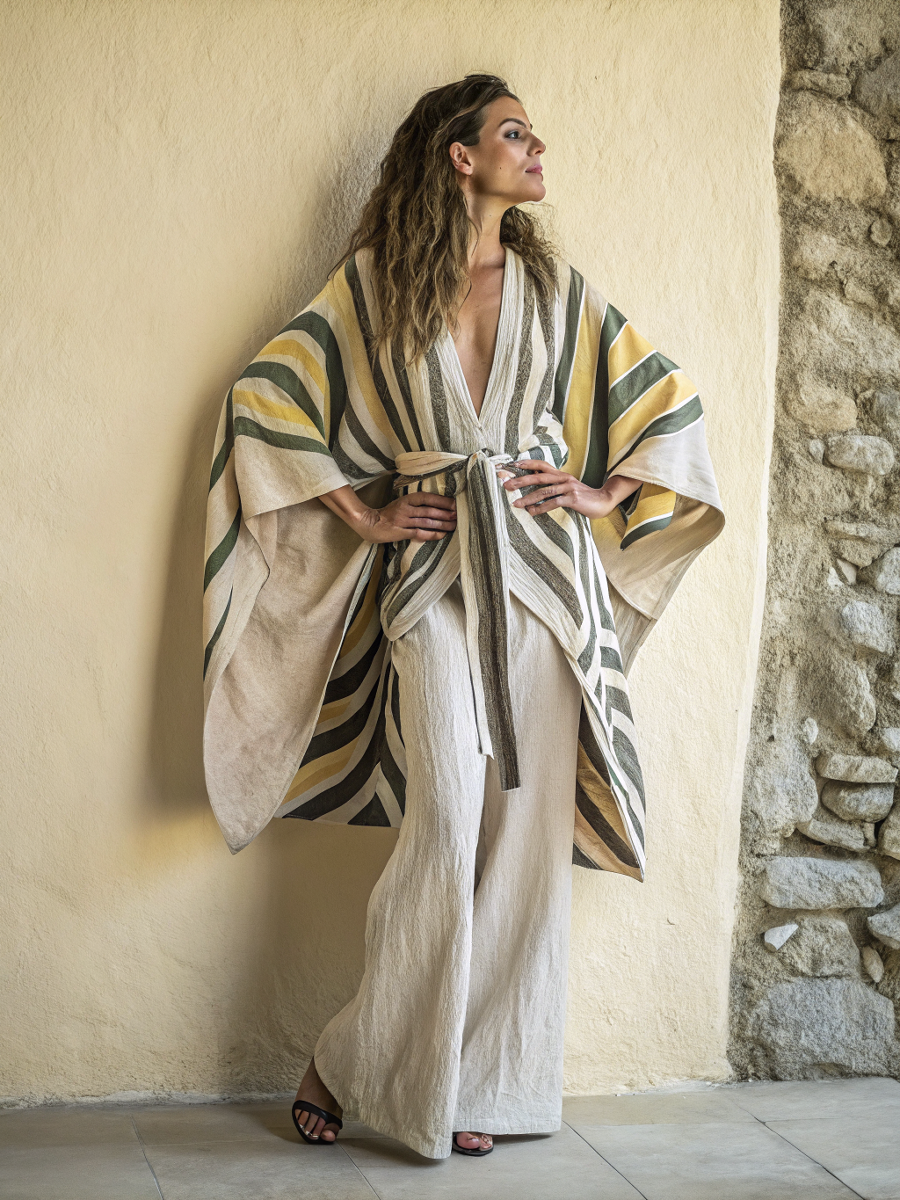 Kimono art abstract pattern linen lace-up coat and trousers two-piece suit