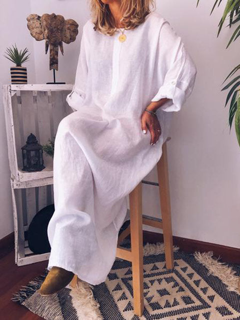 Cotton And Linen Solid Color Loose Kaftan Maxidress