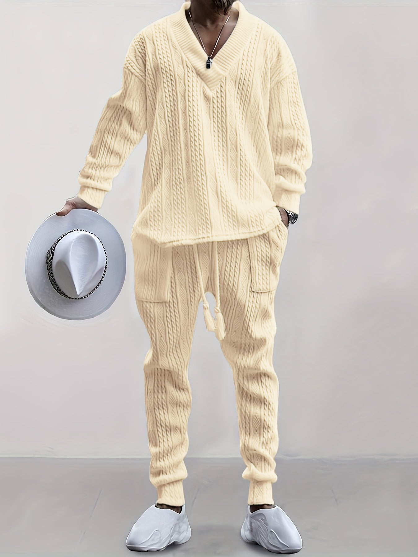 Mens V Neck Sweatshirt Jacquard Tracksuit 2 Piece Men Baggy Sweatsuit Sets Men's Jogging Tracksuit Set Outfit for Men