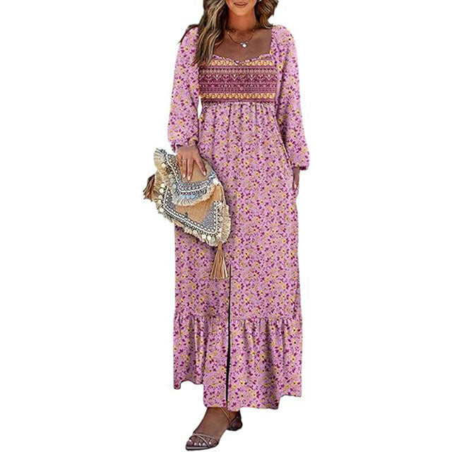 🔥2025 CRAZY DEAL🔥Spring Dresses for Women 2025 Boho Floral Smocked Square Neck Long Sleeve Button Down Beach Long Maxi Dress