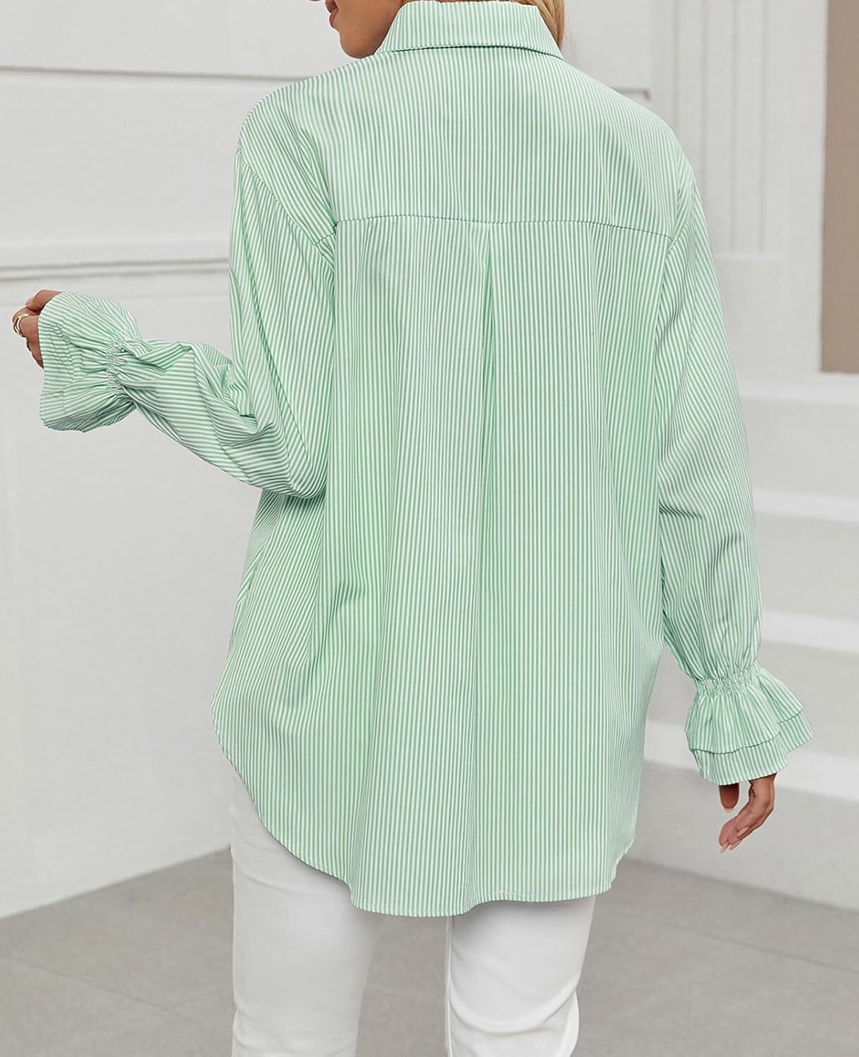 Women's Striped Button Down Shirts Smocked Cuffed Boyfriend Shirt Long Sleeve Blouse Top with 3 Pockets