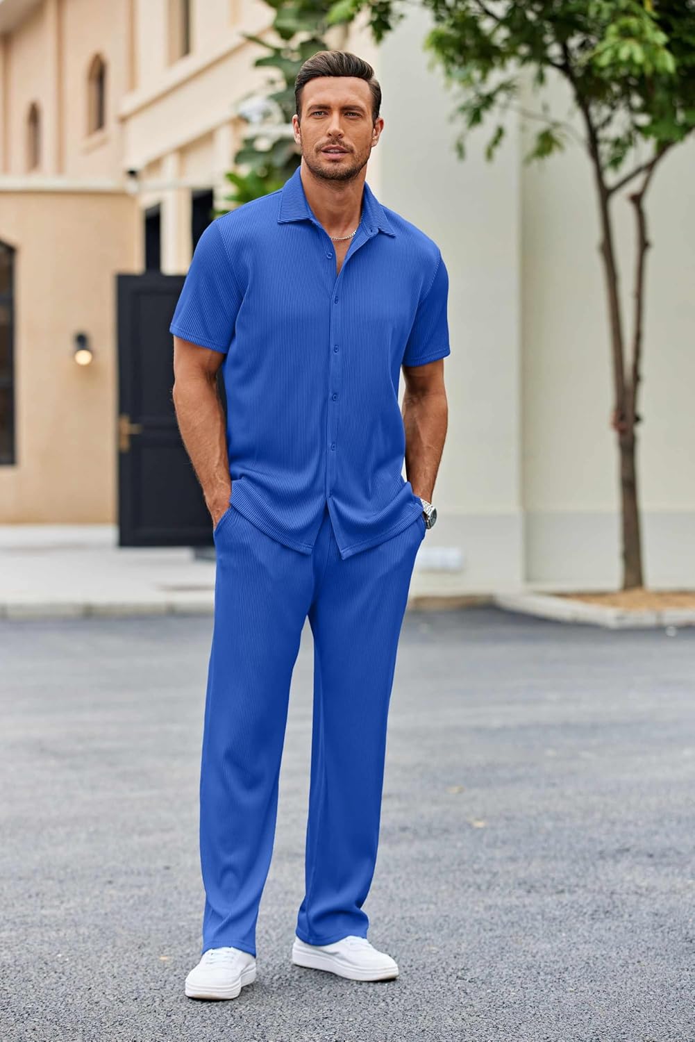 Men's 2 Piece Outfit Casual Short Sleeve Button Down Shirt Beach Summer Loose Pant Sets