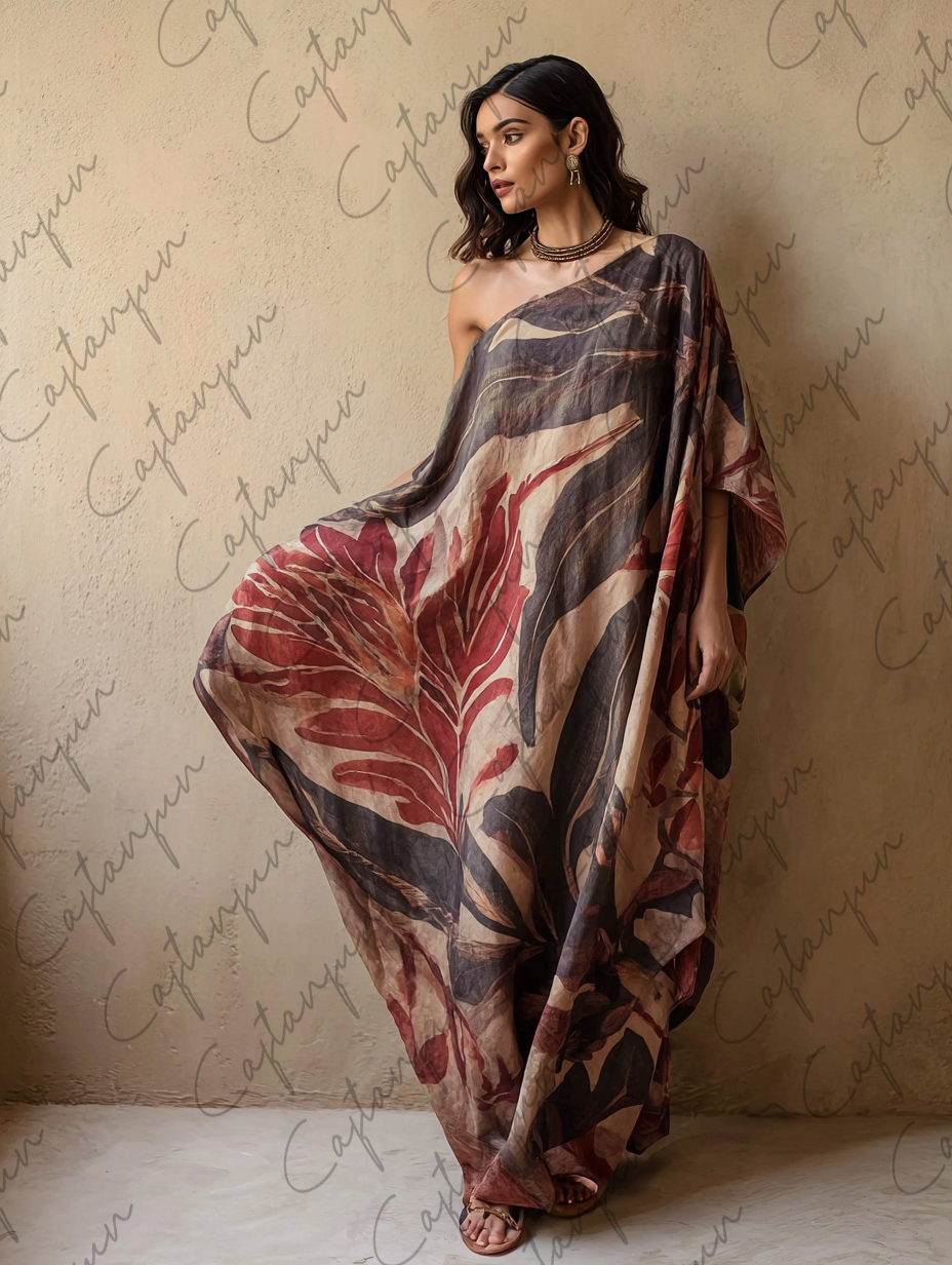 One-shoulder Abstract Art Flowing Cotton And Linen Kaftan