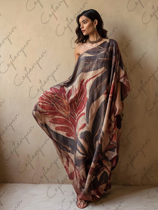One-shoulder Abstract Art Flowing Cotton And Linen Kaftan