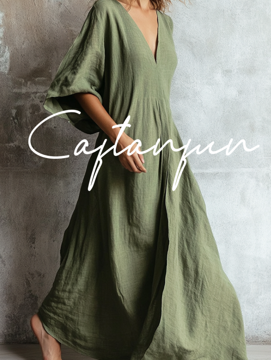 Green Linen V-neck Loose kaftan