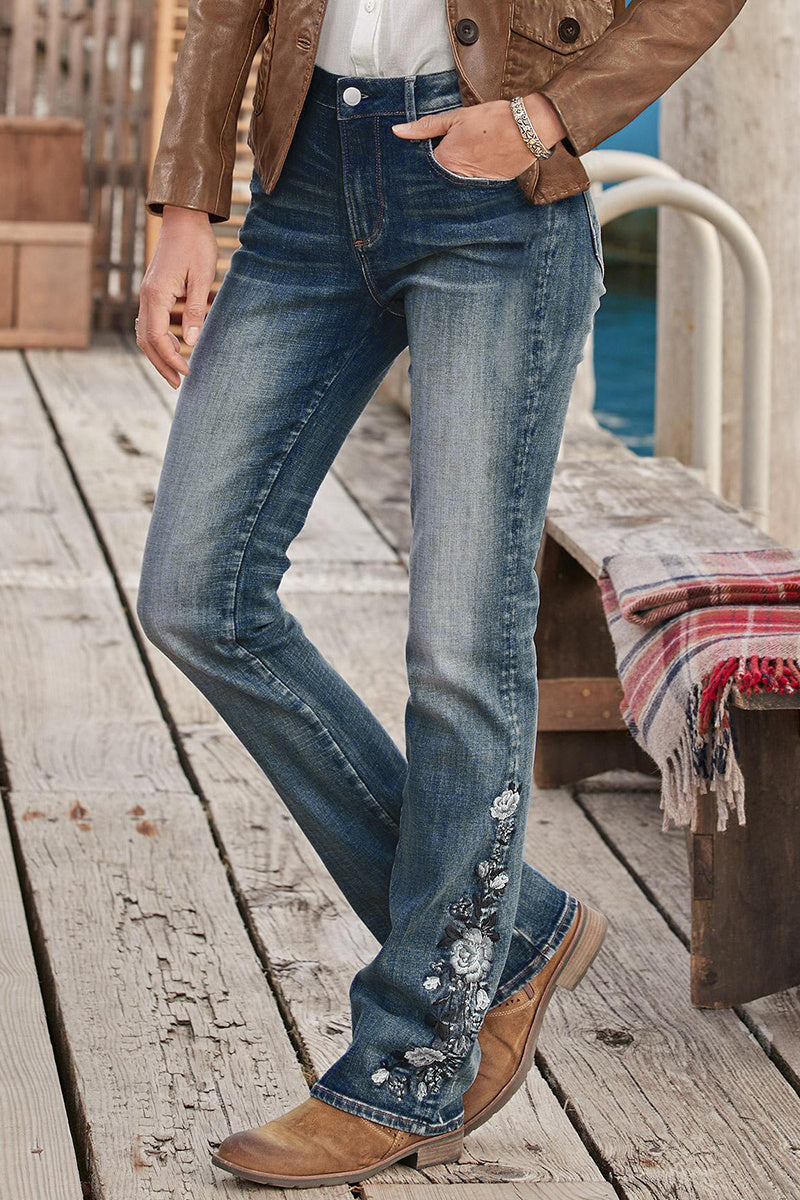 🔥LAST DAY 80% OFF🔥Mid-waist bootcut jeans with floral embroidery