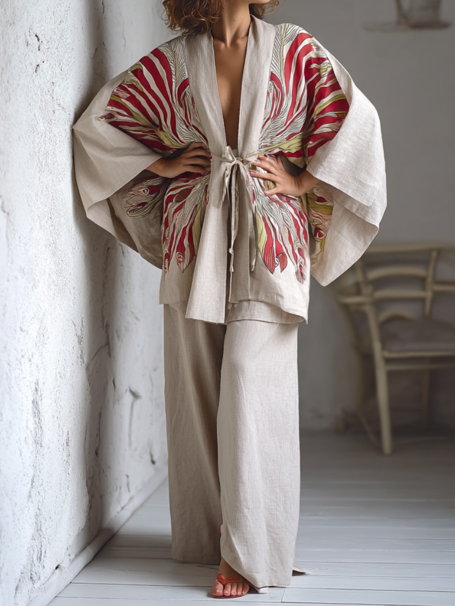 Kimono Geisha Blush Linen Tie-strap Top and trousers Two Piece Set