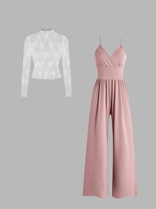 🎉Hot selling items-Women's solid color lace t-shirt and pocket jumpsuit two-piece set